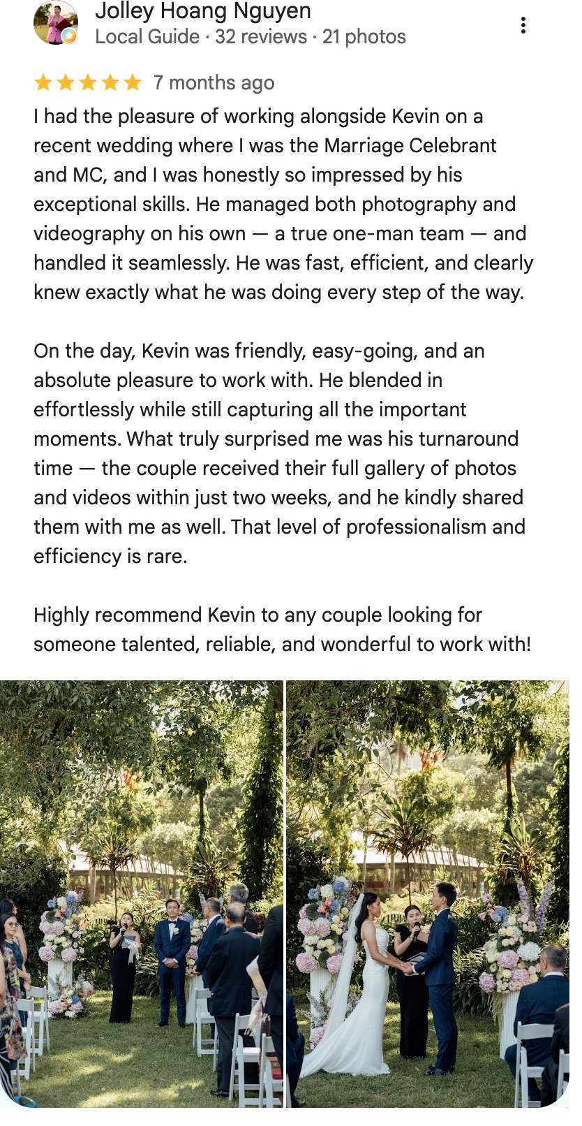 Five-star Google review from Jolley Hoang Nguyen, the couple&rsquo;s celebrant and MC